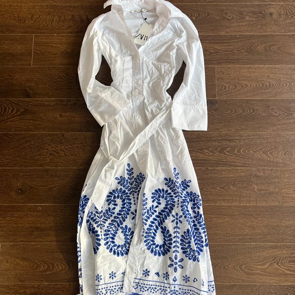 Zara Dresses & Skirts - Zara White Long Sleeve Maxi Dress with Blue Embroidery NWT